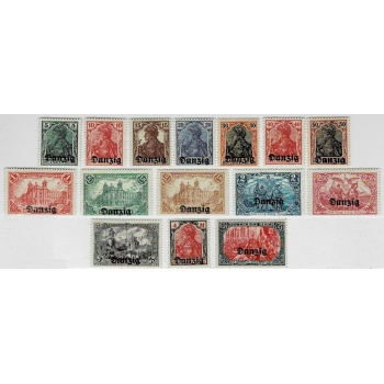 1-15  Wydanie przedrukowe. Niemieckie znaczki obiegowe z nadrukiem "Danzig"